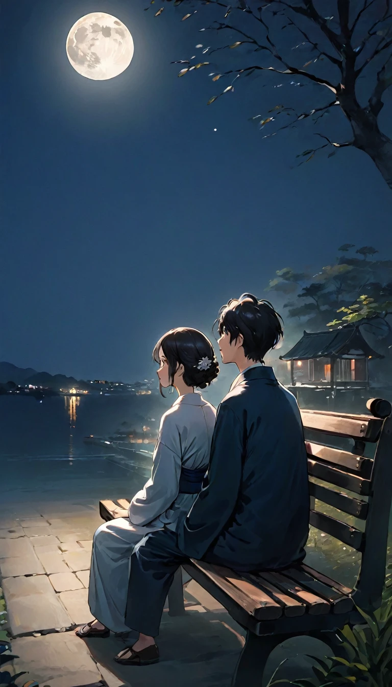 (((A man and a woman sitting on a bench:1.5)))、Highest quality、masterpiece、Beautiful landscape painting、night、Night Time、(((nightの公園のTwo people sitting on a benchの男女:1.2、Two people sitting on a bench)))、(((Back viewの男女、Two people standing close together)))、Back view、美しいBack view、Back view、dark、full moonのnight、full moon、nightのベンチ、Meiji era costumes、Back viewの二人、Long Shot、Full body angle、dark照明、moonlight、