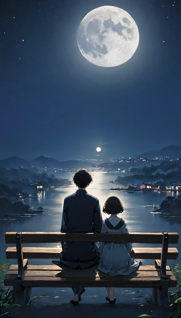 (((A man and a woman sitting on a bench:1.5)))、Highest quality、masterpiece、Beautiful landscape painting、night、Night Time、(((nightの公園のTwo people sitting on a benchの男女:1.2、Two people sitting on a bench)))、(((Back viewの男女、Two people standing close together)))、Back view、美しいBack view、Back view、dark、full moonのnight、full moon、nightのベンチ、Meiji era costumes、Back viewの二人、Long Shot、Full body angle、dark照明、moonlight、