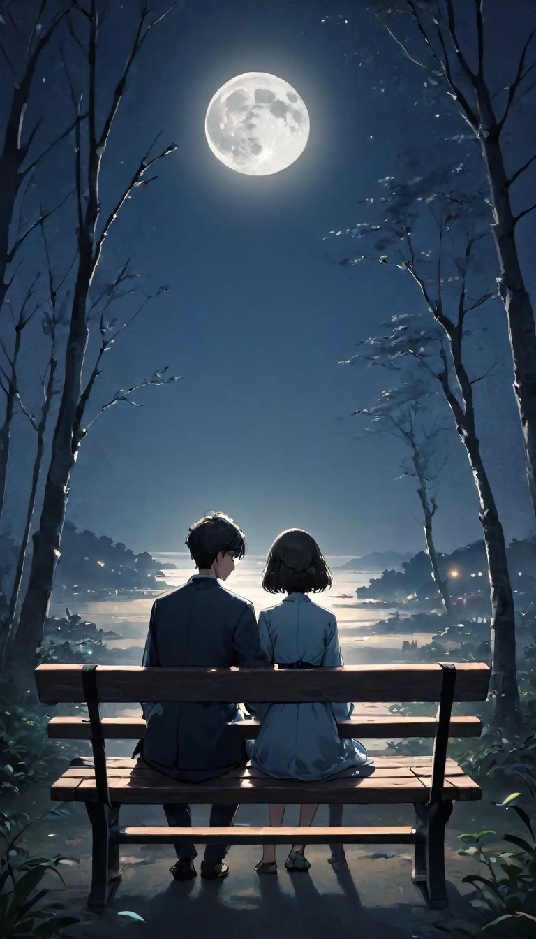 (((A man and a woman sitting on a bench:1.5)))、Highest quality、masterpiece、Beautiful landscape painting、night、Night Time、(((nightの公園のTwo people sitting on a benchの男女:1.2、Two people sitting on a bench)))、(((Back viewの男女、Two people standing close together)))、Back view、美しいBack view、Back view、dark、full moonのnight、full moon、nightのベンチ、Meiji era costumes、Back viewの二人、Long Shot、Full body angle、dark照明、moonlight、