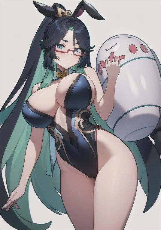 Xianyun, 1 girl, standing alone, long hair, big breasts, looking ahead at viewer, ssmile, bangss, blue colored eyes, big breasts, Bblack hair, hair ornament, cloused mouth, hypdertailed, multicolored hair, hair green, cups, two tone hair, make up, glasses, bunny ears, Playboy Bunny,, high resolution,