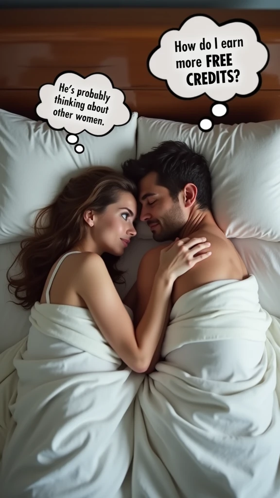 couple, woman and man lying in bed under blankets turned away from each other, seen from above, wearing pajamas , woman turning towards man, thinking bubble above her head with text "He's probably thinking about other women.", open eyes , thinking bubble above man's head with text "How do I earn more FREE CREDITS?"