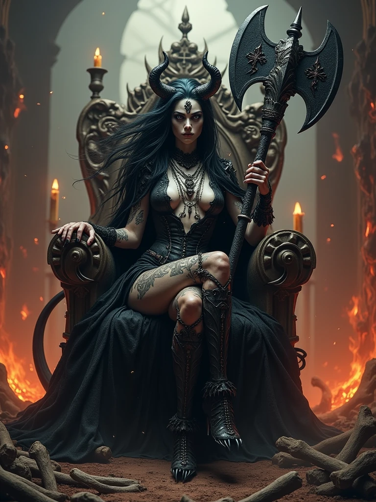 Gothic war goddess, Wearing a tattered black dress，Revealing her pale, Tattoo skin. His eyes are as dark as the night，Surrounded by shadows. He wears a claw collar and a small horn crown.. Sitting on a throne of bones, With an expression of arrogance and power. Dark and mysterious atmosphere, Candles and devil symbol." "A demonic warrior, Half woman, half beast. long, sharp corners, Using claws instead of nails，还有long, Scaly tail. Her black hair is wild and rebellious. He wears armor made of black scales and bones... Wielding a giant axe, With an angry and bloodthirsty expression. Hellish environment, Full of lava and fire. Realistic style. Provocative look.