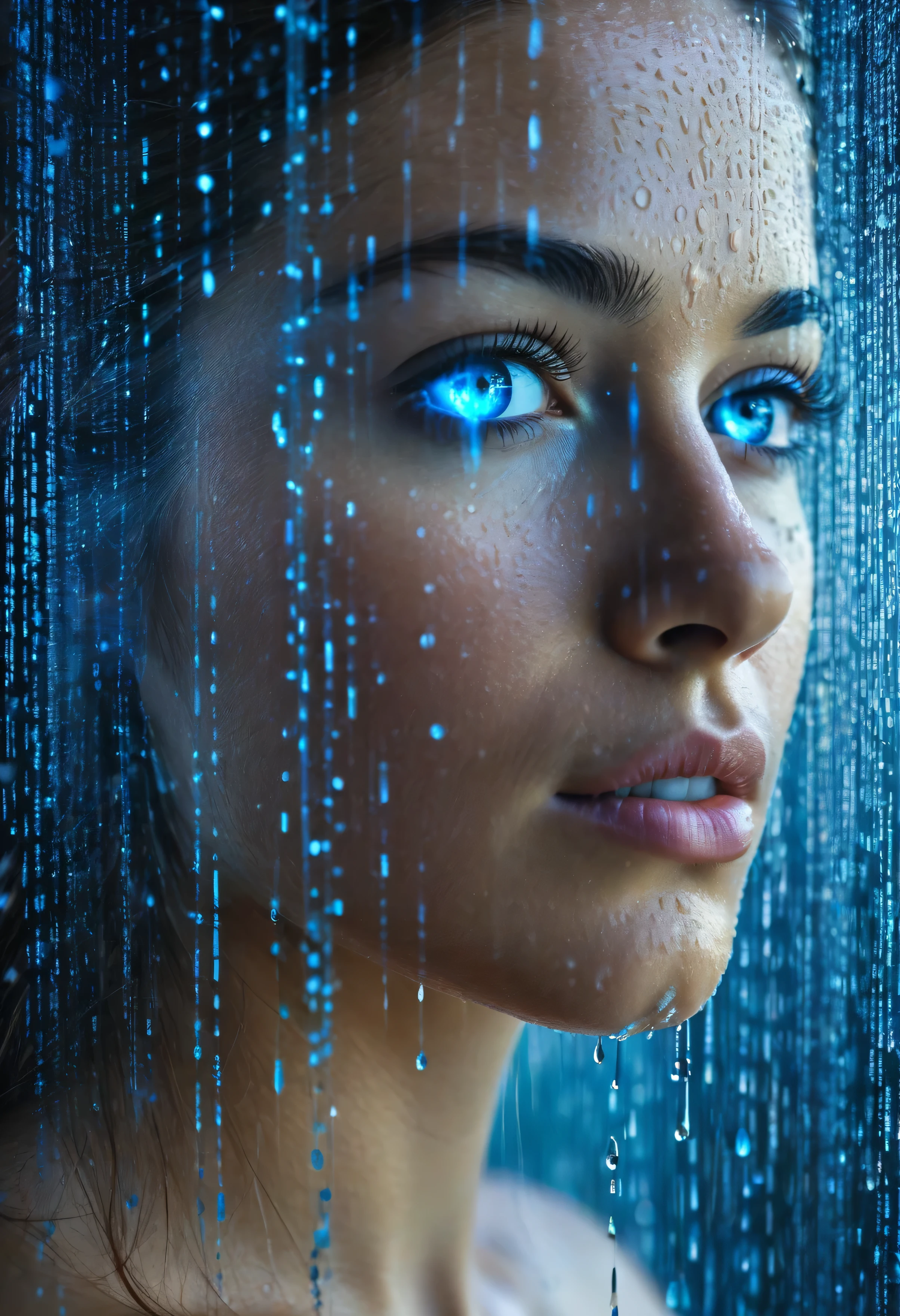In this striking image, a woman's face is intimately intertwined with digital data, creating a compelling visual narrative that speaks to the fusion between humans and technology. Her penetrating eye, a vivid blue, is at the forefront, serving as a window to not only the soul but also to the realm of endless information. Around her, abstract lines and numerical symbols cascade in a digital downpour, symbolizing the flow of data that we are continuously exposed to in our contemporary digital age.
