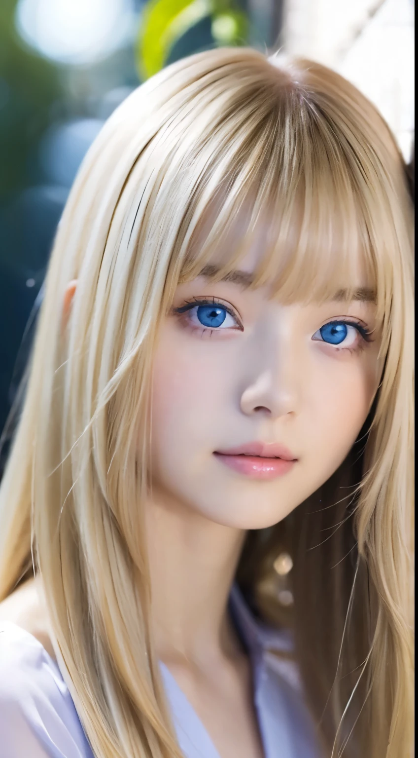 Unparalleled beauty、Sexy and very beautiful face、Very long、Silky, shiny blonde hair、Swinging long bangs、Sexy 15 years old、beautiful cute pearl eyes beautiful girl、Silky skin、Very big blue eyes