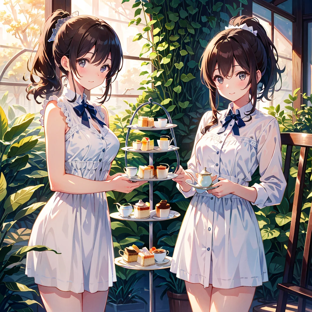 ((best quality, high resolution)), (delicate illustration), (pastelcolor style illustration:0.4), (watercolor style illustration:0.4), ((beautiful:1.3)), 4k,

1 cute girl, tall, slender, medium breasts, (happy), (((afternoon tea))), Ponytail, Dark Brown hair, (((cowboy shot:1.3))), 