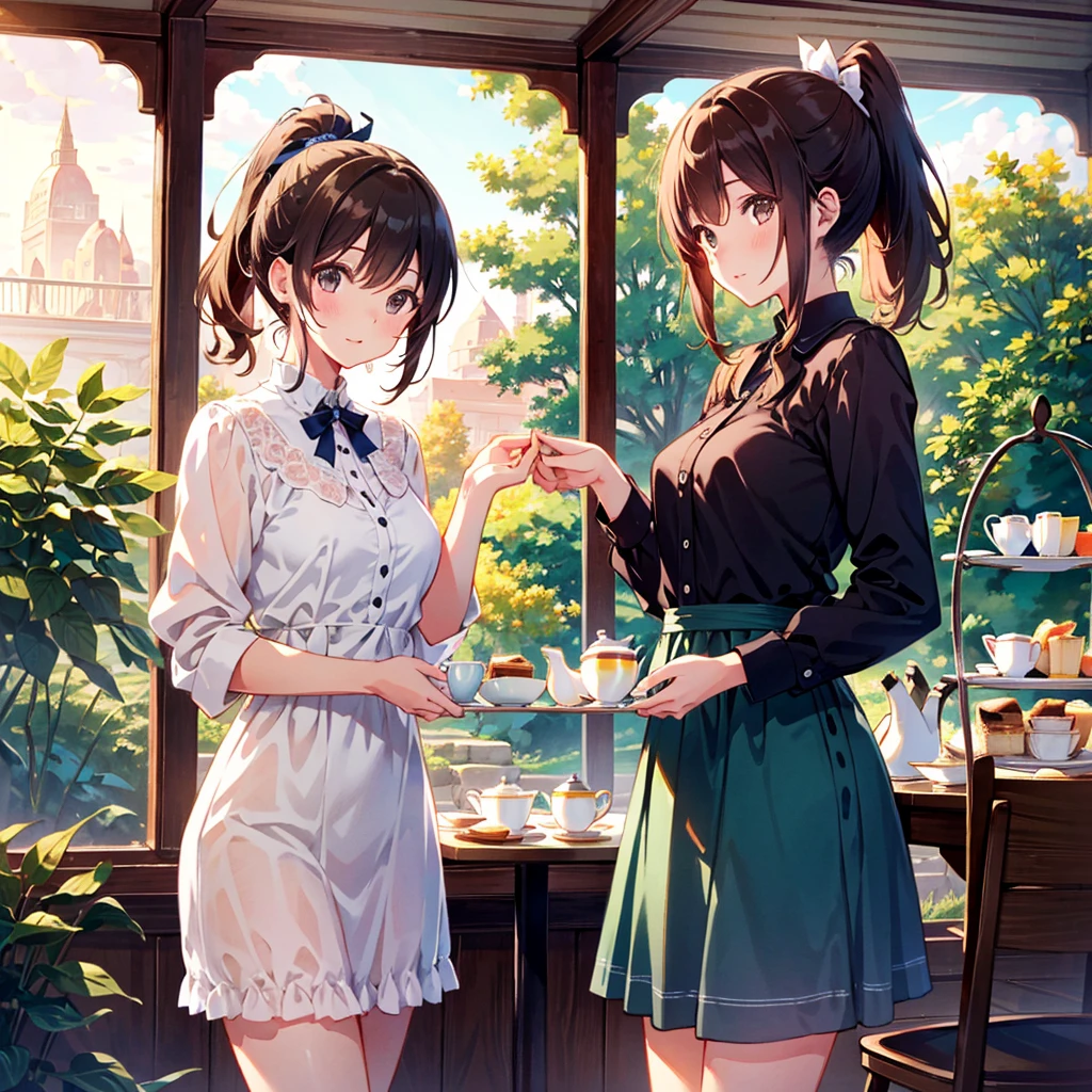 ((best quality, high resolution)), (delicate illustration), (pastelcolor style illustration:0.4), (watercolor style illustration:0.4), ((beautiful:1.3)), 4k,
1 cute girl, tall, slender, medium breasts, (happy), (((afternoon tea))), Ponytail, Dark Brown hair, (((cowboy shot:1.3))),
