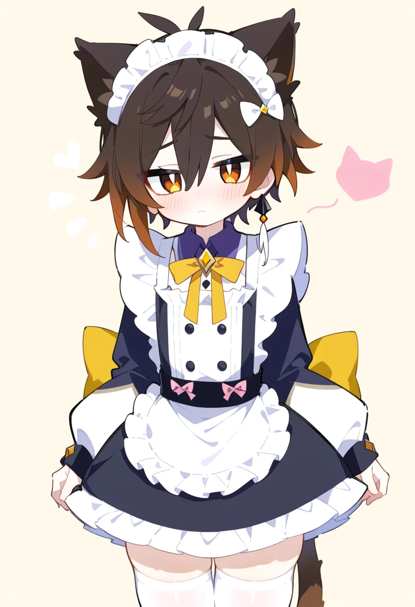 masterpiece, best quality, extremely detailed, 2020s anime, 1boy, 1male, mature male, male focus, solo, Zhongli, Genshin_impact, beautiful and detailed face, shy, looking at you, maid outfit, long sleeves, skirt, curtesy:1.3, zettai ryouiki, cat_ear hairband, cute background