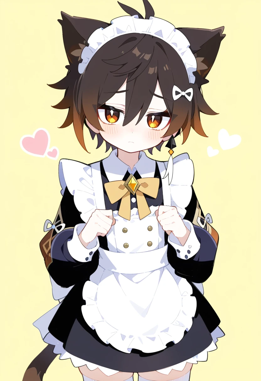 masterpiece, best quality, extremely detailed, 2020s anime, 1boy, 1male, mature male, male focus, solo, Zhongli, Genshin_impact, beautiful and detailed face, shy, looking at you, maid outfit, long sleeves, skirt, curtesy:1.3, zettai ryouiki, cat_ear hairband, cute background