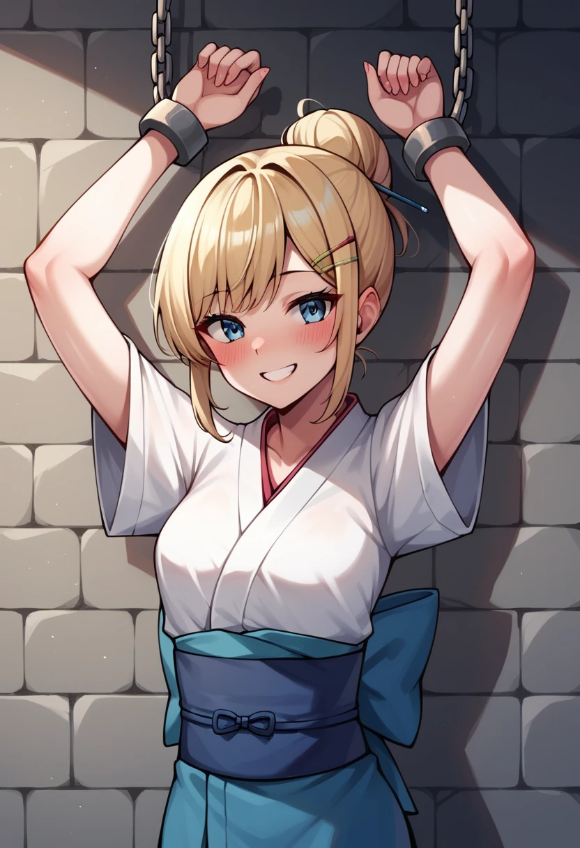 score_9, score_8_up, score_7_up, score_6_up, score_5_up, score_4_up, source_anime, 1girl,lora:jean1-000009:1>, jeanseabreeze, upper body, smile, blush, blonde hair, hair bun, blue eyes, hairpins, w-w-chain, shackles, raise arms, kimono, dungeon, best quality, best res, 4K UHD,