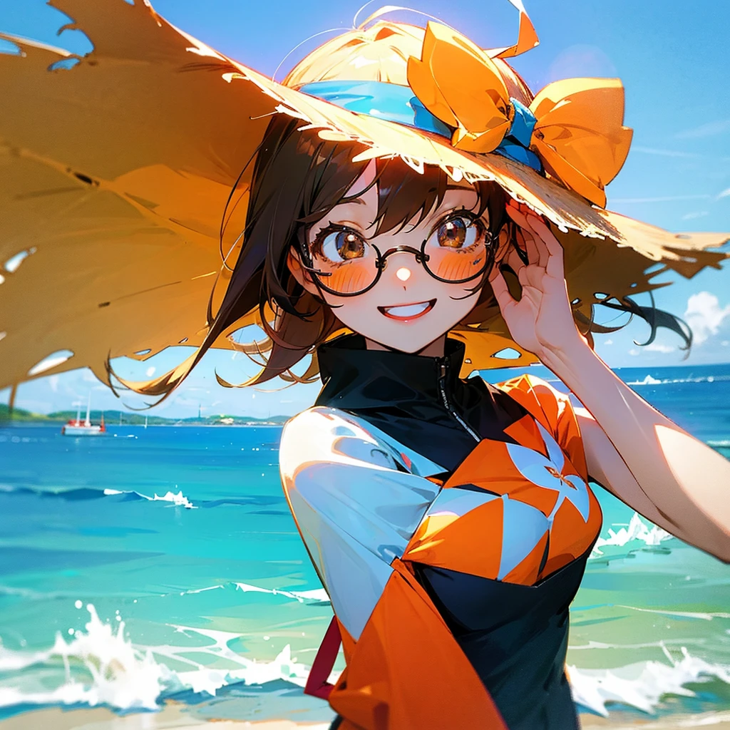 Selfie of a cute anime girl filled with joy wearing glasses under the scorching sun at the beach