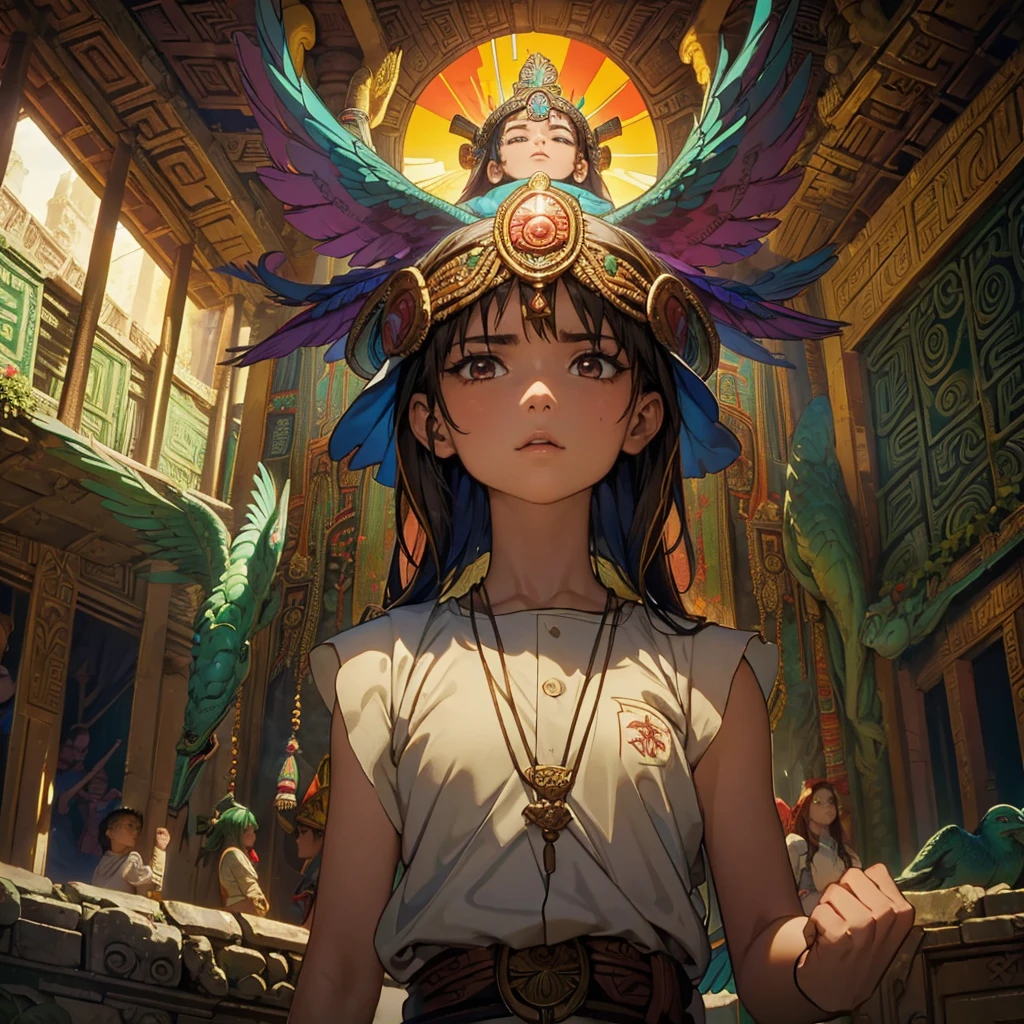 Childish,  high quality、Very detailed、８Year、Mayan Aztec young priestess、Flying Feathered Serpent（Quetzalcoatl Kukulkan）Look up at the sky and pray、Temple of the Sun in the Forest of Chichen Itza、mysterious、