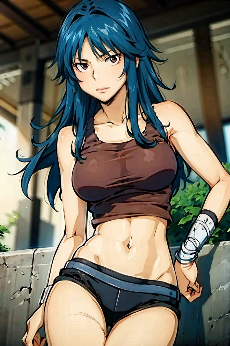 red eyes, blue hair, long hair, messy hair, (((red tank top))), navel, bare shoulder, hair between eyes,