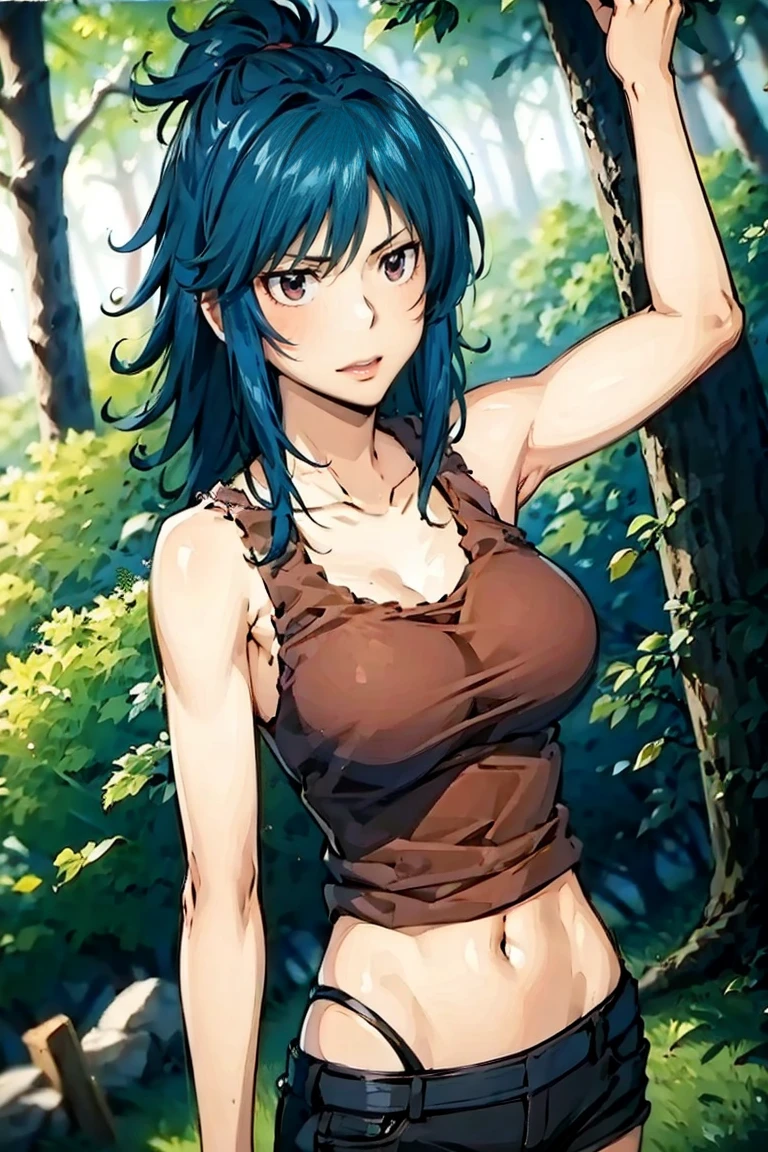 red eyes, blue hair, long hair, messy hair, (((red tank top))), navel, bare shoulder, hair between eyes,