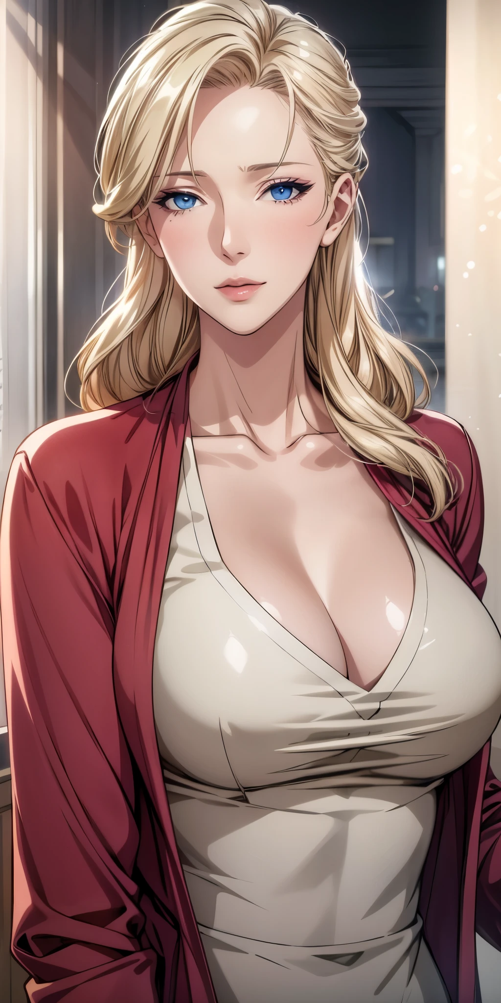 Elegant mature woman, blue eyes, blonde hair, soft light, 4k resolution, high quality, beautiful cg