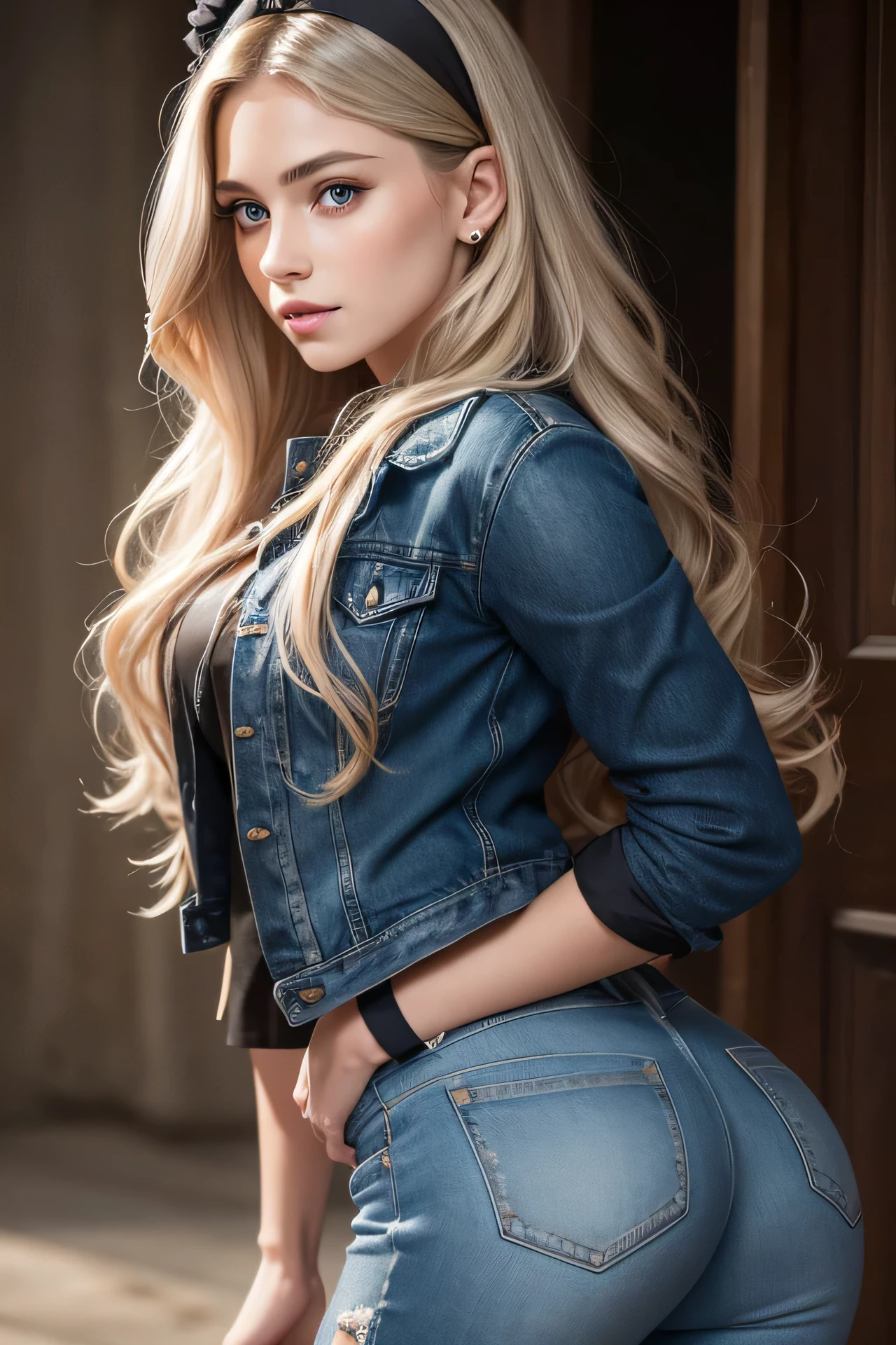 "beautiful detailed eyes, beautiful detailed lips, extremely detailed eyes and face, long eyelashes, 1girl, young woman, 19 years old, long wavy blonde hair, golden highlights, clear bright blue eyes, sparkling like sapphires, fair smooth skin, black headband with small silver emblem, light blue shirt, dark denim jacket with visible stitching and distressed details, black skinny jeans with knee distressing, mid-calf black boots with silver buckles, sexy pose, one hand on her hip and the other gently touching her hair, body slightly leaning back, seductive gaze, (best quality, 4k, 8k, highres, masterpiece:1.2), ultra-detailed, (realistic, photorealistic:1.37), portrait, highly detailed, cinematic lighting, warm color tones."