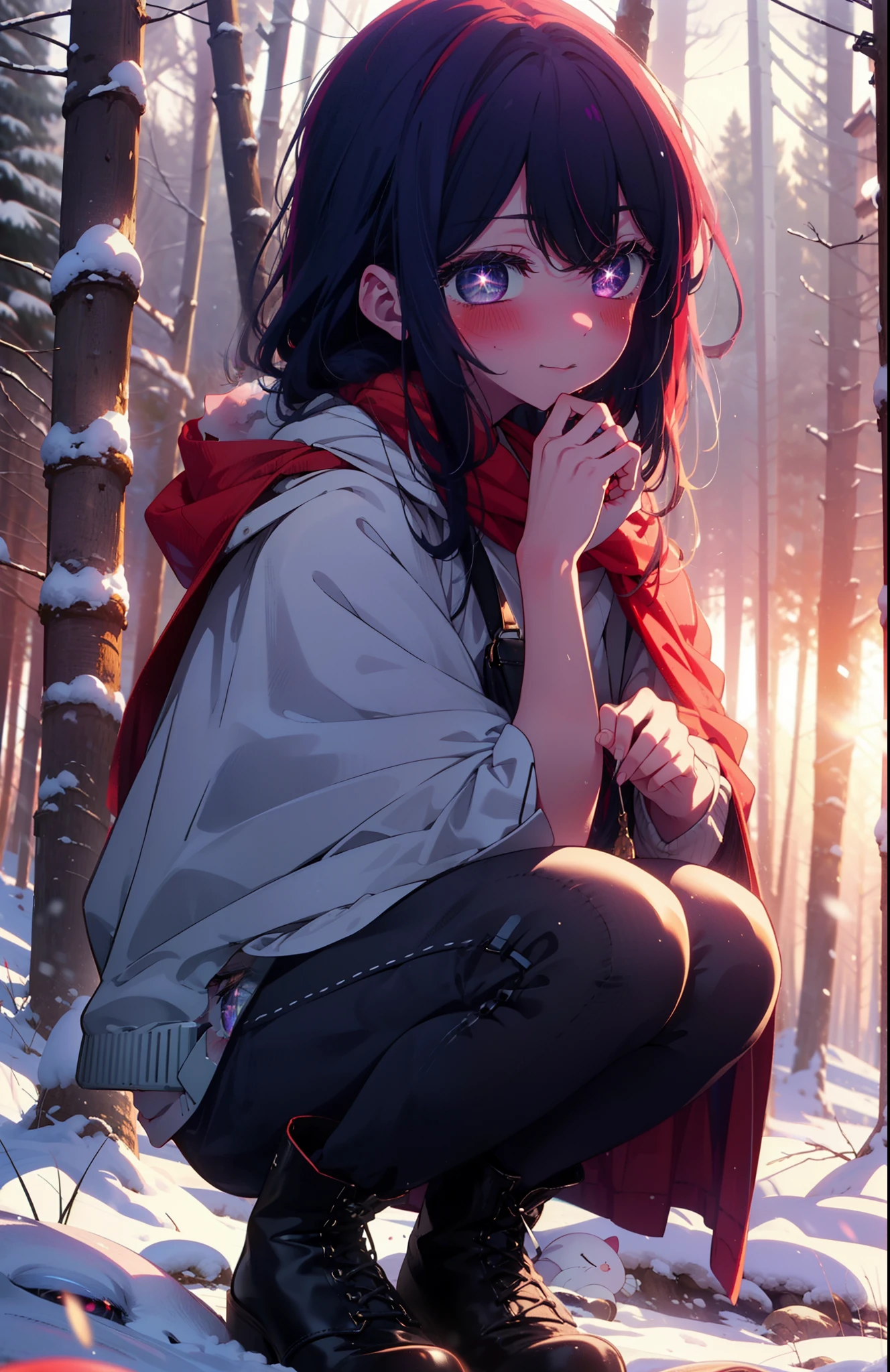 aihoshino, Ai Hoshino, Long Hair, bangs, (Purple eyes:1.1), Purple Hair, (Symbol-shaped pupil:1.5), smile,,smile,blush,white breath,
Open your mouth,snow,Ground bonfire, Outdoor, boots, snowing, From the side, wood, suitcase, Cape, Blurred, , forest, White handbag, nature,  Squat, Mouth closed, Cape, winter, Written boundary depth, Black shoes, red Cape break looking at viewer, Upper Body, whole body, break Outdoor, forest, nature, break (masterpiece:1.2), Highest quality, High resolution, unity 8k wallpaper, (shape:0.8), (Beautiful and beautiful eyes:1.6), Highly detailed face, Perfect lighting, Highly detailed CG, (Perfect hands, Perfect Anatomy),