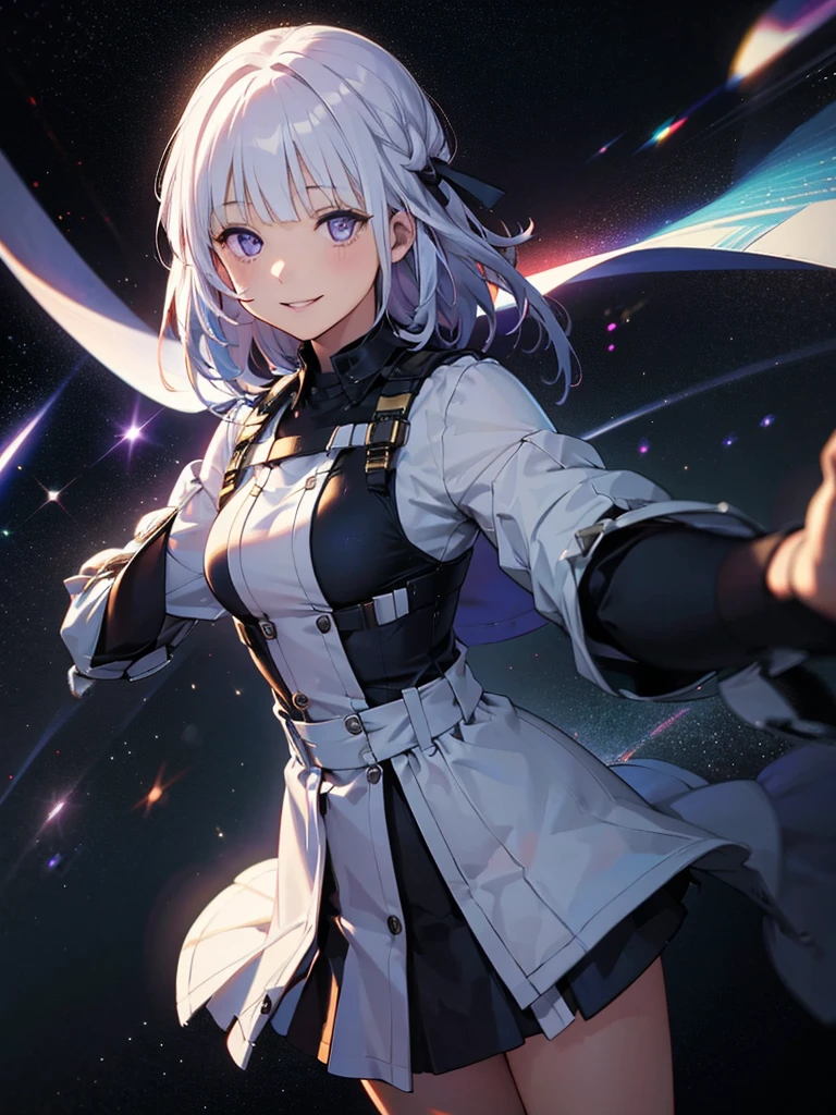 1 girl,Highest quality,((Highest quality)),((Tabletop)),((Perfect Face)),1 girl,smile,beauty,((Holographic)),Shooting stars flow,Fantastic,Cinematic,Like the cover of a movie