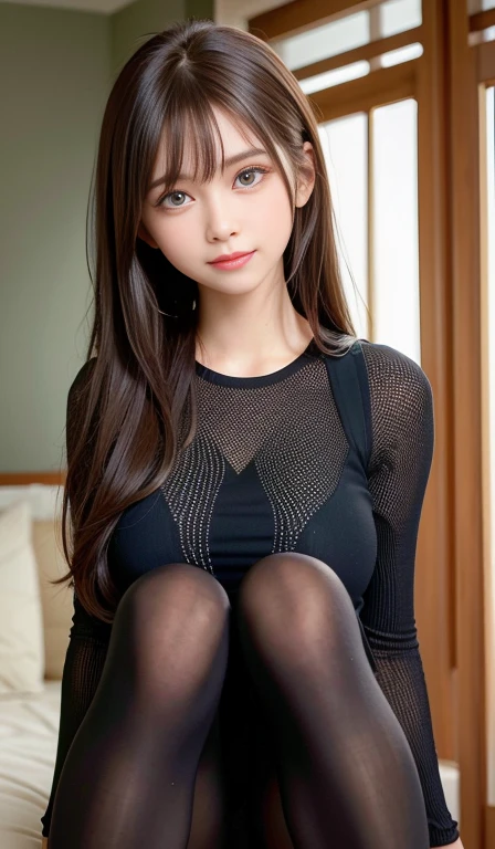 Angelique is a very beautiful and cute girl.., Beautiful and detailed, Double eyelids with attention to detail, (Big eyes:1.3),Long eyelashes, See-through bangs, (Beautiful and exquisite face and eyes:1.4), Small Nose, Small Mouth, Beautiful long hair, Show your teeth and smile happily, (Highest quality:1.2), RAW Photos, High resolution, Perfect detail, Professional photography, Professional Lighting,break (Full-body tights made from ultra-thin fabric:1.3) , thin, Super tight body tights,Squat with your legs wide apart,Beautiful legs, Strong lighting in bodysuit,In the city,Brown Hair,Too much exposed skin, Full body photo up to the toes, Protruding