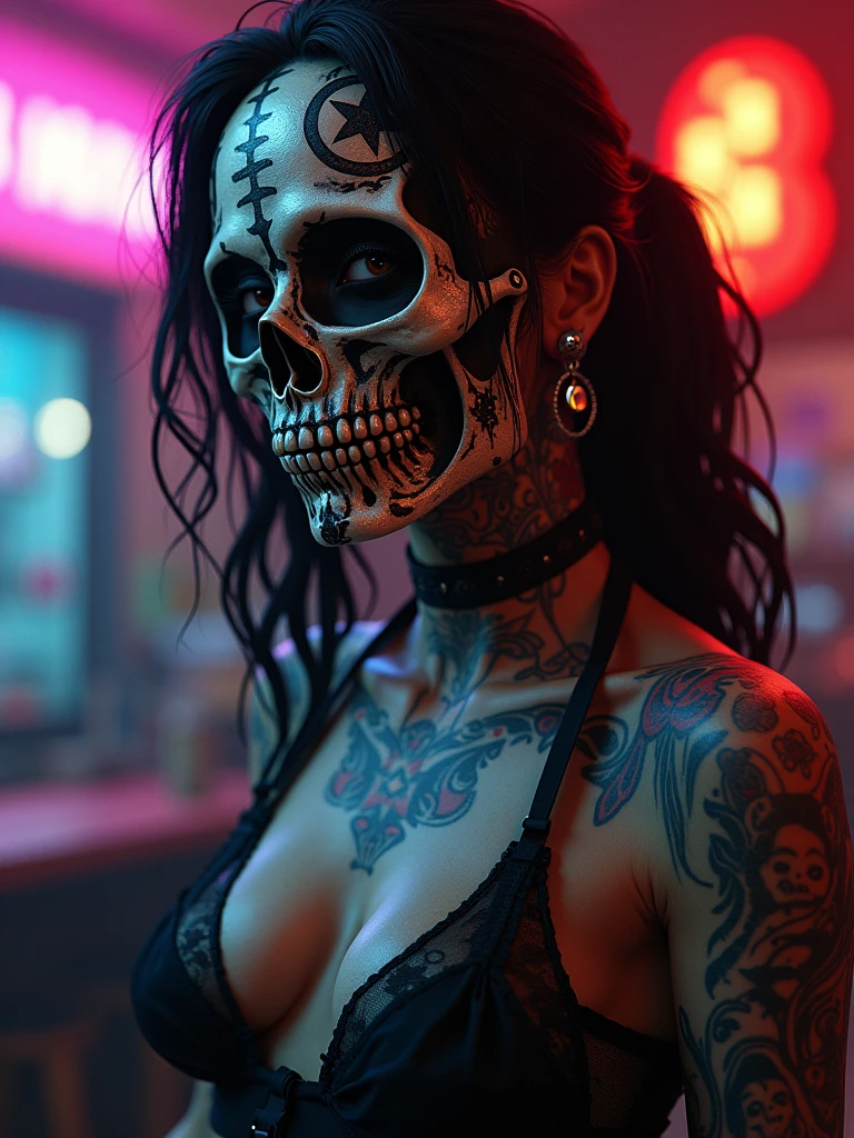 a woman with a skull mask on her face, popular on art station, tattoos and piercings, waist - up, anime cgi style, girl in love, hyper real photo, gangster, haunting beautiful young woman, not face, the artist has used bright, 5 0 0 px models, shambala, grill, eyecandy, yakuza, background bar