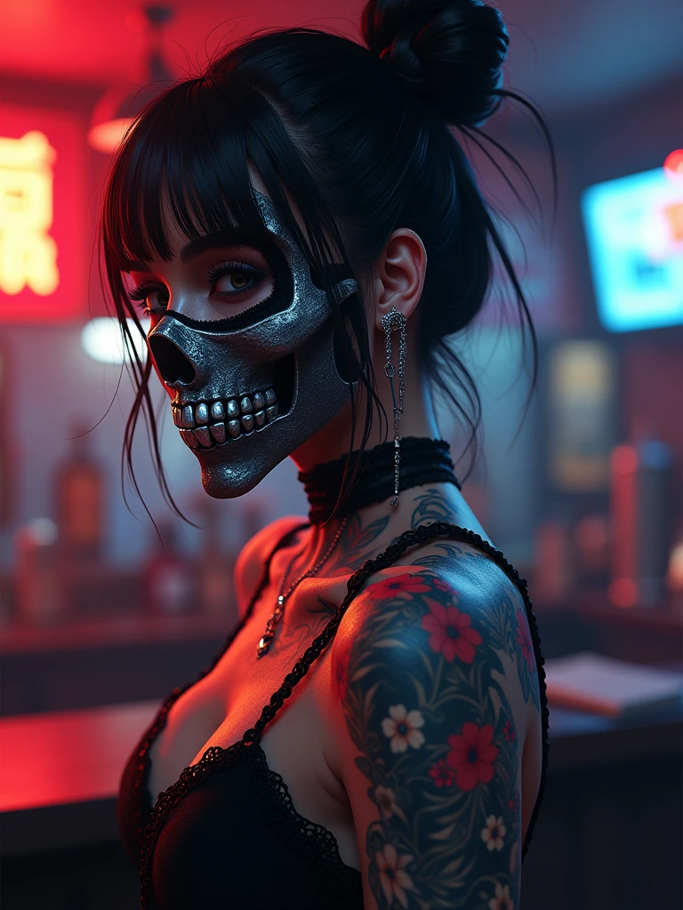 a woman with a skull mask on her face, popular on art station, tattoos and piercings, waist - up, anime cgi style, girl in love, hyper real photo, gangster, haunting beautiful young woman, not face, the artist has used bright, 5 0 0 px models, shambala, grill, eyecandy, yakuza, background bar