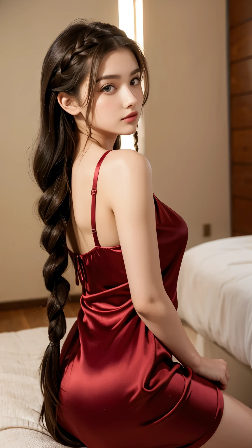 beautiful brunette girl with braided hair. wearing satin dress