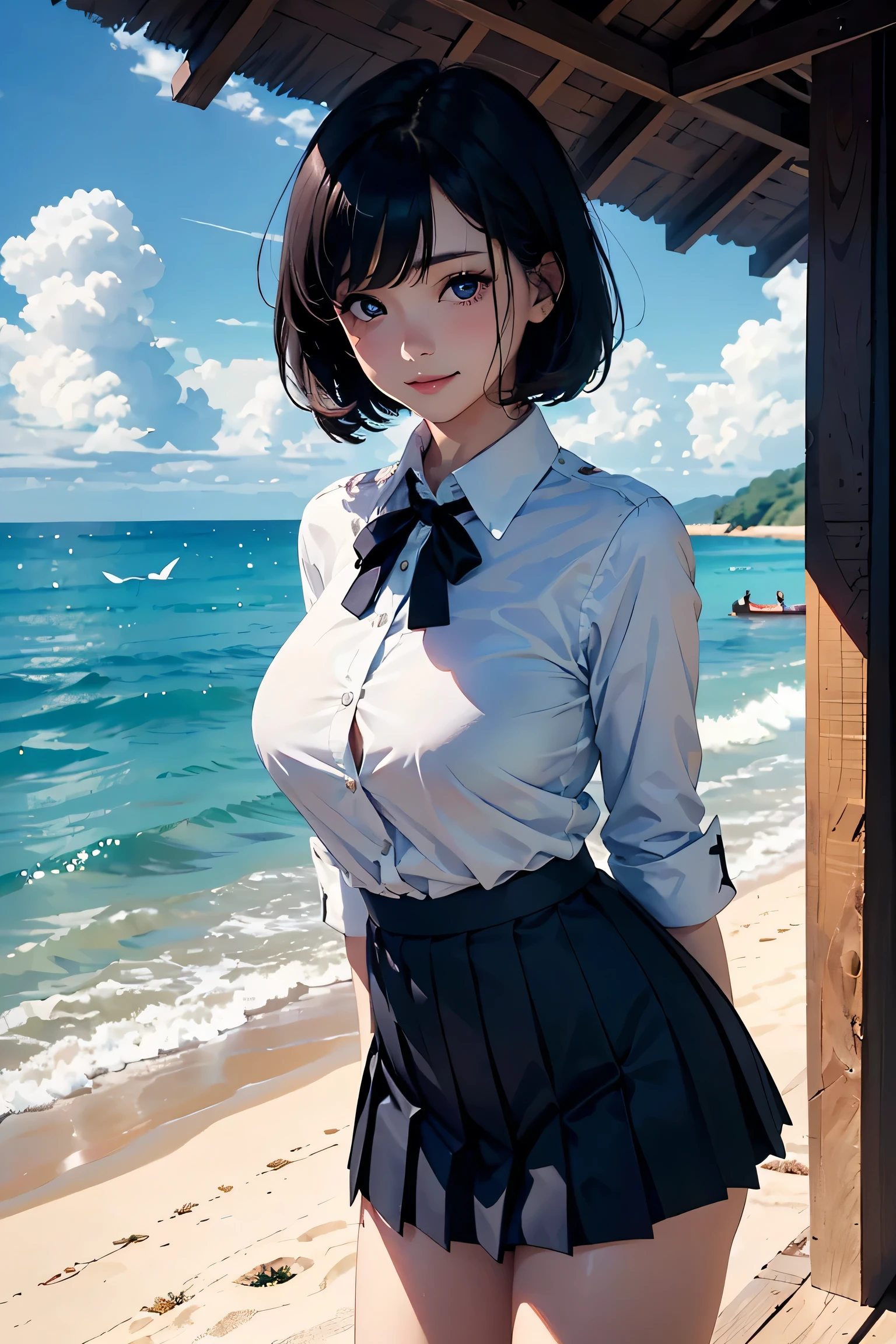 (masterpiece:1.2, Highest quality), (Realistic photos), Beautiful illustrations, (Natural side lighting, Cinema lighting),High detail、1 girl, Japanese、20-year-old female, Perfect Face, Symmetrical cute face, Glowing Skin, (bionde、short hair), Dark blue eyes, (Huge :1.2), Slender build, Flowing bangs、Beautiful Hair, Beautiful Face, Fine and beautiful eyes, Beautiful body, Beautiful breastse collared shirt、Small black ribbon、Navy blue pleated skirt),smile、Blushing、stand、port、Ocean、Breakwater、White Bird、White cloud、whole body