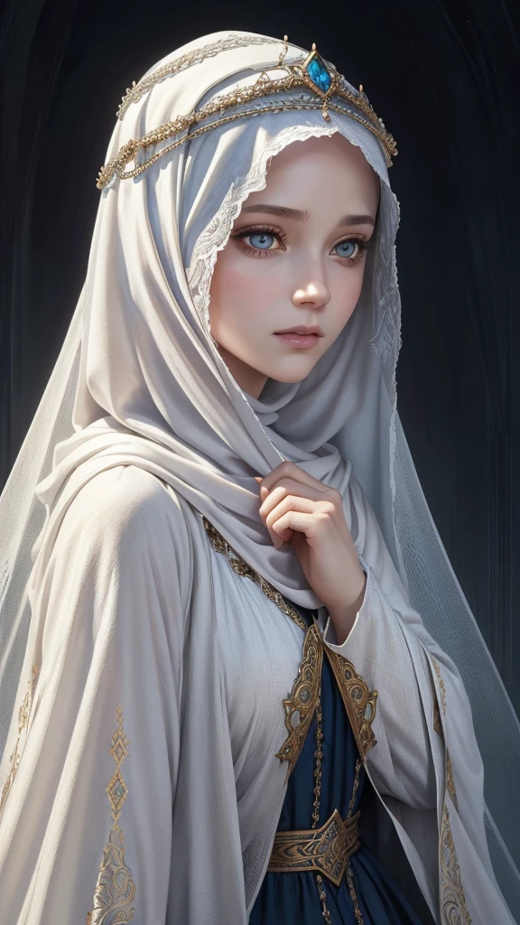 1girl, a detailed portrait of a cute goth islamic beautiful princess girl, by justin gerard and greg rutkowski and agnes cecile, digital art, realistic painting, dnd, character design, trending on artstation islamic islamic beautiful like moon young female albino skin, snow white skin, white curly hair, slender face, crimson eyes, crimson medieval clothes, innocent face, islamic islamic islamic islamic mythologicalA extremely delicate and beautiful silver-haired girl,Blue pupils,Intricate details, depth of focus,highly detailed, digital painting, artstation, concept art, character art, art by greg rutkowski and tyler jacobson and alphonse mucha veil on head islamic islamic islamic young female albino skin, snow white skin, white curly hair, slender face, crimson eyes, crimson medieval clothes, innocent face, islamic islamic islamic islamic mythological