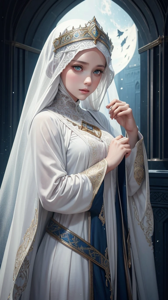 1girl, a detailed portrait of a cute goth islamic beautiful princess girl, by justin gerard and greg rutkowski and agnes cecile, digital art, realistic painting, dnd, character design, trending on artstation islamic islamic beautiful like moon young female albino skin, snow white skin, white curly hair, slender face, crimson eyes, crimson medieval clothes, innocent face, islamic islamic islamic islamic mythologicalA extremely delicate and beautiful silver-haired girl,Blue pupils,Intricate details, depth of focus,highly detailed, digital painting, artstation, concept art, character art, art by greg rutkowski and tyler jacobson and alphonse mucha veil on head islamic islamic islamic young female albino skin, snow white skin, white curly hair, slender face, crimson eyes, crimson medieval clothes, innocent face, islamic islamic islamic islamic mythological