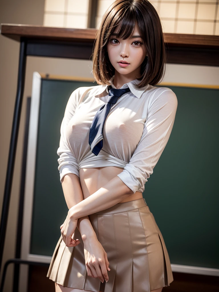 8k,Highest quality, masterpiece, Super detailed, 超High resolution, Realistic, RAW Photos, Absurd, The absolute solution, One girl, whole body ,Young and beautiful woman in Japan, Super cute face, Attractive person, Large Breasts , Long Bob Hair , (school uniform :1.3), machine ,Glossy Lips, Double eyelids on both eyes, Natural Makeup, Long eyelashes, shiny smooth light brown Long Bob Hair, Asymmetrical bangs, Glowing Skin, Center image, High resolution, Attention to detail, Detailed hairstyle, Detailed face, Great cinema lighting, Octane Rendering, Vibrant, Ultra-realistic, Perfect limbs, Perfect Anatomy,Black Hair,Sweat,Big Breasts,Tight clothing