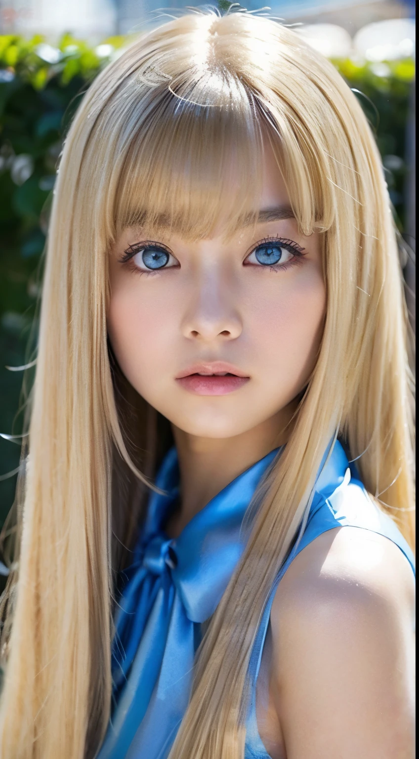 Unparalleled beauty、Sexy and very beautiful face、Very long、Silky, shiny blonde hair、Swinging long bangs、Sexy 15 years old、beautiful cute pearl eyes beautiful girl、Silky skin、Very big blue eyes