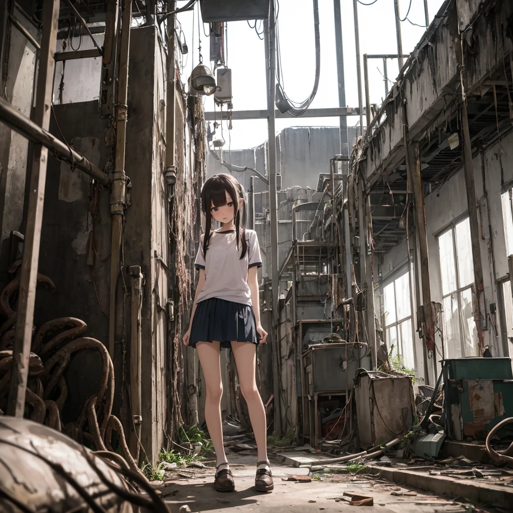 8Year、Girl captured by tentacles in abandoned factory、Tentacles in a skirt、Pants fabric texture、Cry