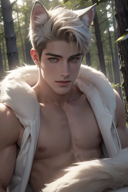 quarter Body photorealistic 4k, high resolution, Cody Christian,,best quality, masterpiece, perfect color, perfect shade, perfect lighting, Posted by e621, ((portrait)), ((handsome man)), perfect male figure, Short hair details,Naked and nude torso,Detailed face, perfect face, (stood up), Detailed background, ((Bonifasco Lighting)), (delicate eyes),(animal ears white wolf),((big fluffy tail)),tattoo,((forest)),emaciated. Smiling