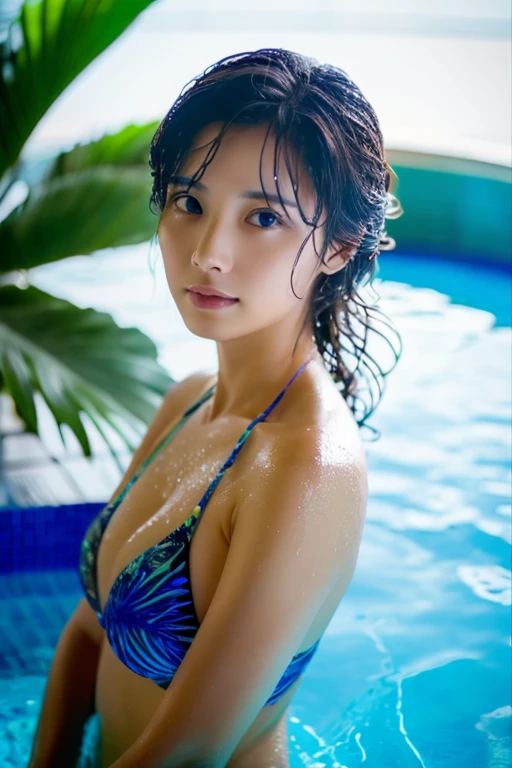 (Highest quality、masterpiece:1.2)、(Realistic:1.2)、woman, 36 years old、Pool、Wet Hair、Dramatic lighting、Tropical Background
