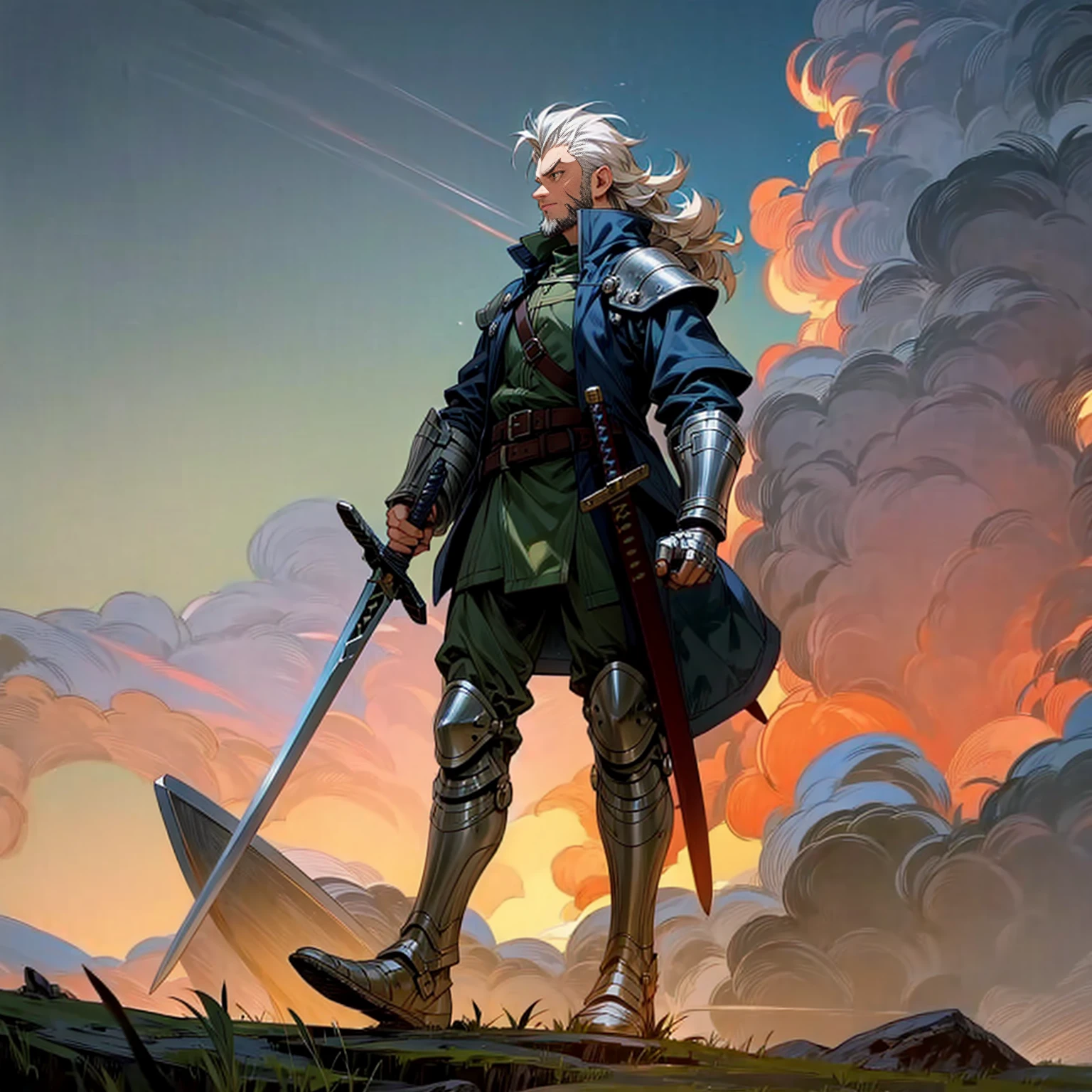 Solo character, old man, tall height, full body version, white eyes, white colour hair, very long curly haircut, chin beard, soldier clothing, heavy armored, belt, boots, outdoor, field, Greenland, medieval, evening, standing gesture, detailed clothing, detailed hair, detailed background, (Hunter x Hunter style art), sword in hand, glow effect on sword, thunder, lightning, glare, smoke,