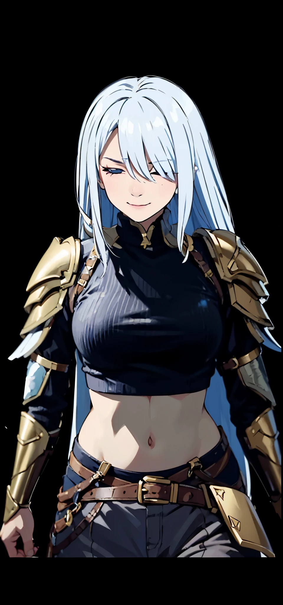 Close both eyes., smile, long hair, bluish white hair, I cut off one eye..