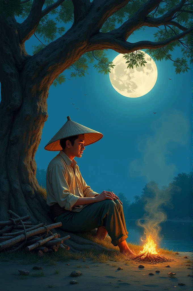 A Vietnamese farmer, Thang Cuoi, sitting under a banyan tree at night. Full moon, traditional Vietnamese conical hat, carrying firewood, serene expression, detailed, digital painting, artstation, concept art, Vietnamese folklore