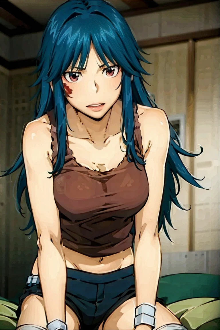 red eyes, blue hair, long hair, messy hair, (((red tank top))), navel, bare shoulder, hair between eyes, straight hair, 