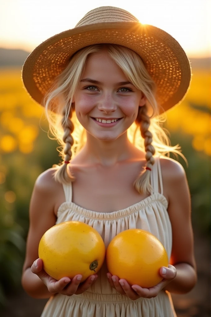 A captivating, Pinterest-worthy photograph of an alluring farm girl with Turkish facial features, exuding an irresistible charm. She is dressed in a light, cotton dress with a deep neckline, her two short blonde pigtails peeking out from under a straw hat. With a radiant smile, she holds two plump, appetizing yellow melons, symbolizing abundance and fertility. The background reveals a vast field of melons, bathed in the golden glow of the sun during the magical hour. The photograph masterfully combines vibrant, saturated colors to create a visually stunning, cinematic experience.