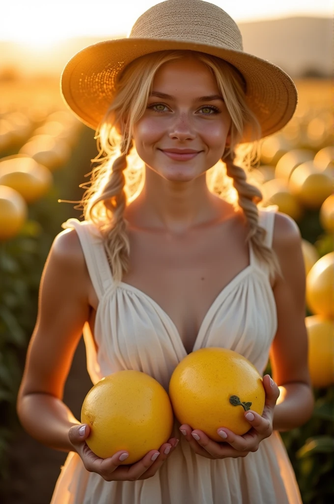 A captivating, Pinterest-worthy photograph of an alluring farm girl with Turkish facial features, exuding an irresistible charm. She is dressed in a light, cotton dress with a deep neckline, her two short blonde pigtails peeking out from under a straw hat. With a radiant smile, she holds two plump, appetizing yellow melons, symbolizing abundance and fertility. The background reveals a vast field of melons, bathed in the golden glow of the sun during the magical hour. The photograph masterfully combines vibrant, saturated colors to create a visually stunning, cinematic experience.