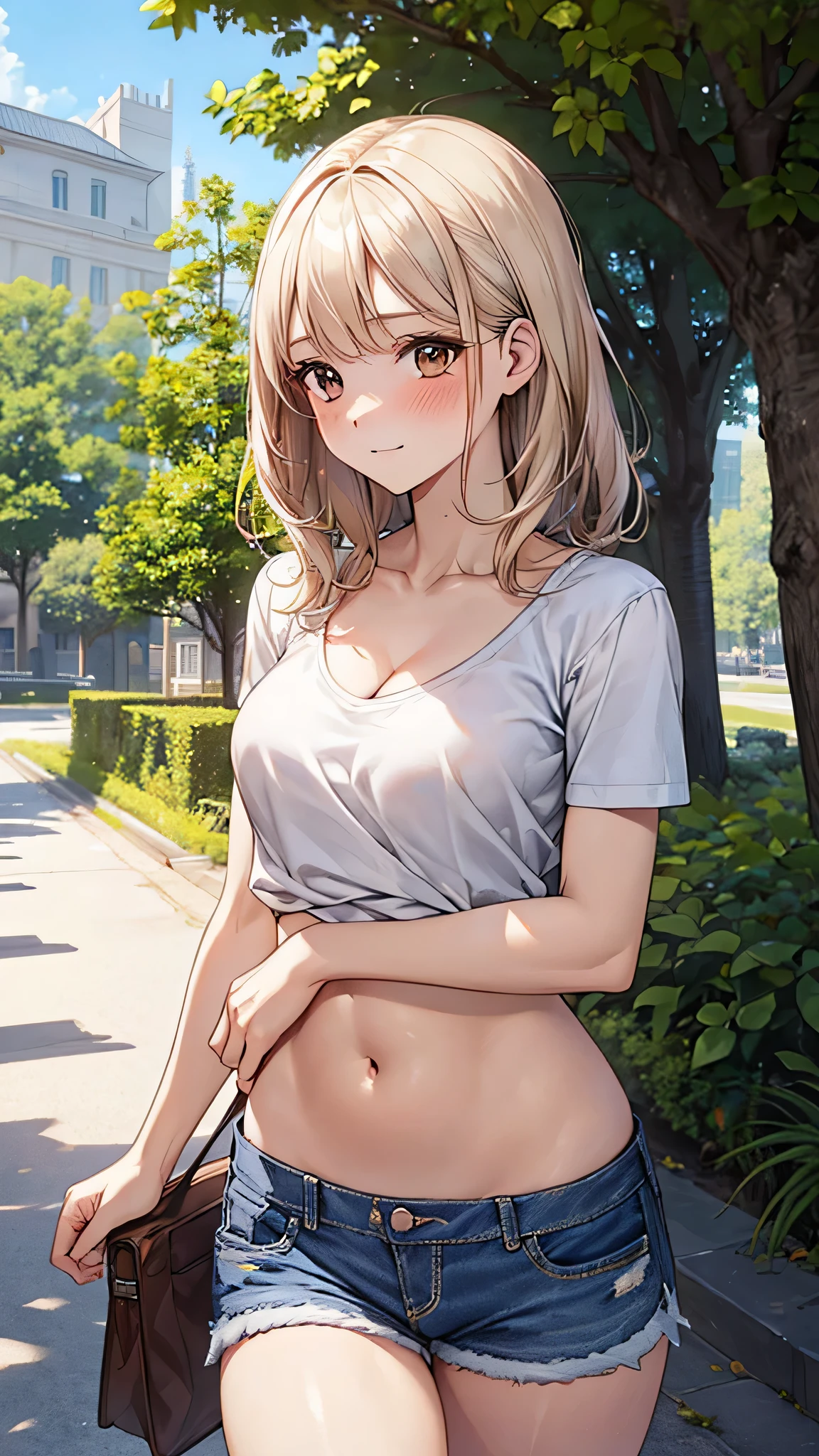 ((Highest quality, High resolution, masterpiece, detailed)),
Cowboy Shot, Written boundary depth, View your audience, Anatomically correct, 1people, woman, Perfect Face, Cute and symmetrical face, Shiny skin,
(Medium Hair, Platinum Blonde Hair), Chestnut brown eyes, (Large Breasts:0.8),
The finest details, Beautiful Hair, Beautiful Face, Beautiful clavicle, Cleavage, Beautiful body, Beautiful breasts, Beautiful belly button, Abdominal muscles, Beautiful thighs, Beautiful feet,
(White shirt, Denim shorts),
(Beautiful views), walk, Tree-lined street, (blush),