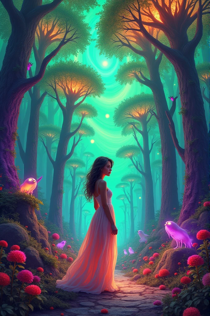 A young lady standing in a surreal, psychedelic jungle, surrounded by towering, multicolored trees with swirling, fractal patterns. The jungle is alive with vibrant, neon hues—glowing greens, radiant purples, and fiery oranges. The ground is covered in luminescent, bioluminescent plants that emit a soft, pulsating light. Strange, abstract creatures with fluid forms and glowing eyes move through the foliage. The sky above is a swirl of kaleidoscopic colors, with floating orbs of light drifting lazily. The young lady is dressed in a flowing, ethereal dress that subtly changes colors to match the surrounding environment. Her expression is one of calm and curiosity as she gazes at the mesmerizing scenery. Soft, ethereal light bathes the scene, creating intricate, shifting shadows.