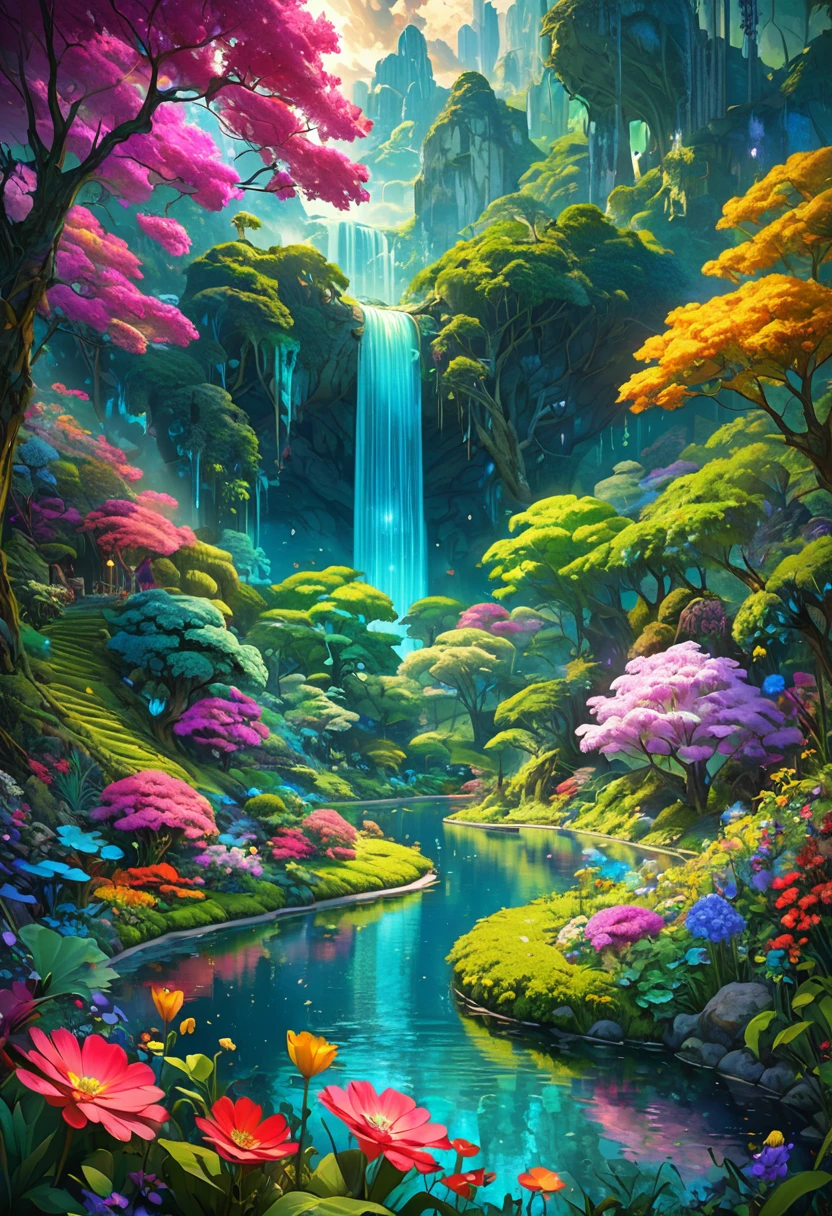 bright, Shine, flower園, flower畑,Money, Surreal illustration, Otherworldly, Highly detailed and magical lighting, Intricate forest details, Surrounding vegetation and river, Solarpunk ,landscape, , Beautiful foliage with beautiful lighting and realistic proportions, Like a movie background, 8k, Highest quality, masterpiece, 空のcloudと星.baptism,Baptism,Garden of Eden,Colorful,夢のようなlandscape, cloud, light piercing through the cloud, Reflection on the surface of the water, Gentle waterfall,flower々, flower ,Quiet atmosphere, Richness in details, Surreal beauty, Magical Aura, ファンタジーlandscape, High quality digital art, Vibrant colors, Fantastic lighting, Enchanting atmosphere, Artistic Expression, Otherworldly feeling, Beautiful brushwork, Magnificent View, Peaceful tranquility, Immersive Experience, Breathtaking views, Picturesque views, Mysterious charm, Mysterious atmosphere, Nuances, A magical dream. There are no people, Nobody is here