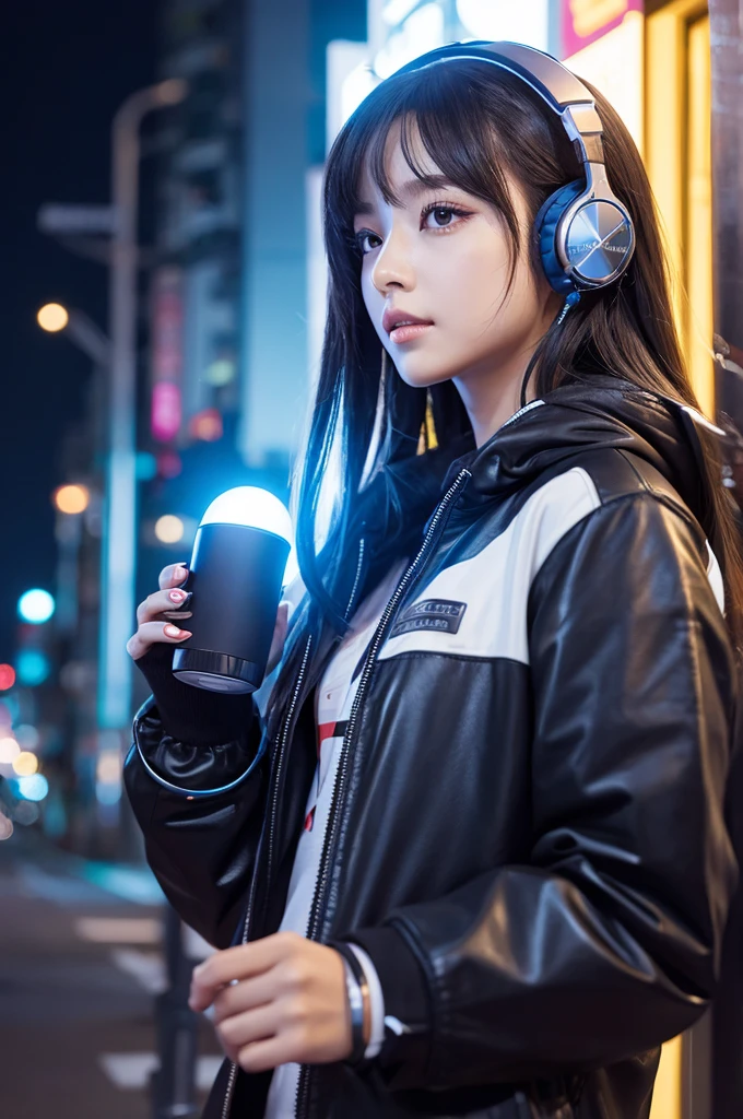 Metropolis　night　Starry Sky　cute　female　headphone　high resolution　Mainly face　cyber-　cyber-パンク　Future　cool
