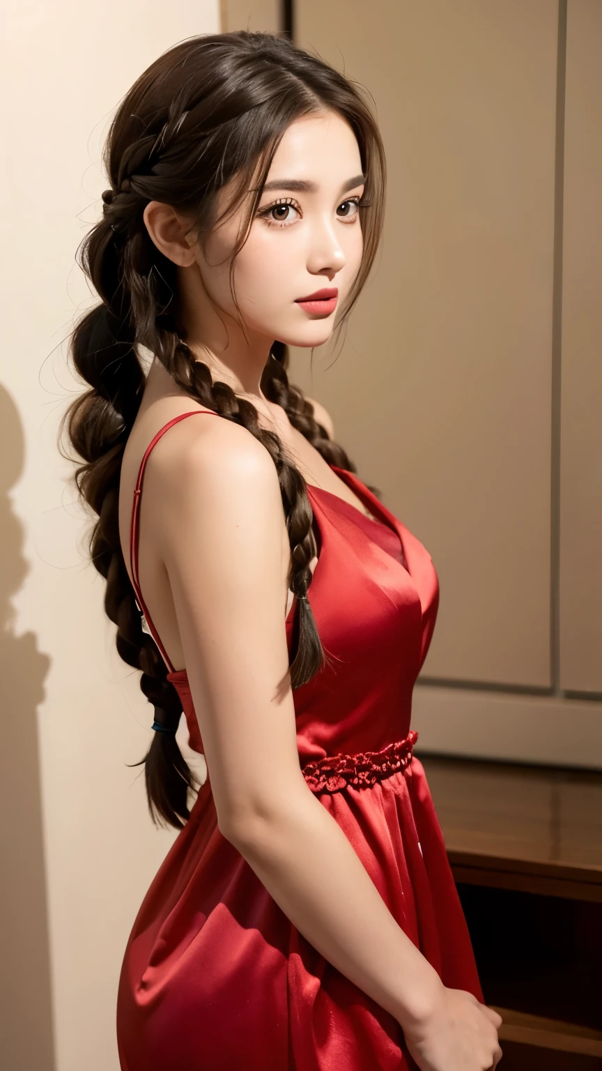 beautiful brunette girl with braided hair. wearing satin dress