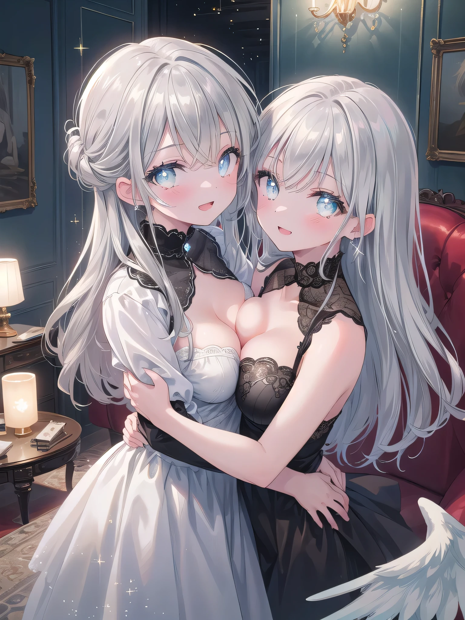(8K, Highest Quality, Masterpiece:1.3)), Ultra High Resolution, (2 girls, duo), (Color changing eyes, Highly detailed, Expressive glow, Sparkling eyes), Highly detailed eyes, Highly detailed face, Random hair, (Silver grey color), (Angel cosplay:1.1), (Ecstatic expression:1.3), (Cleavage), Hugging each other, Front angle, Good view of cleavage, (Gripping breasts), (Home living room, Home party:1.1),