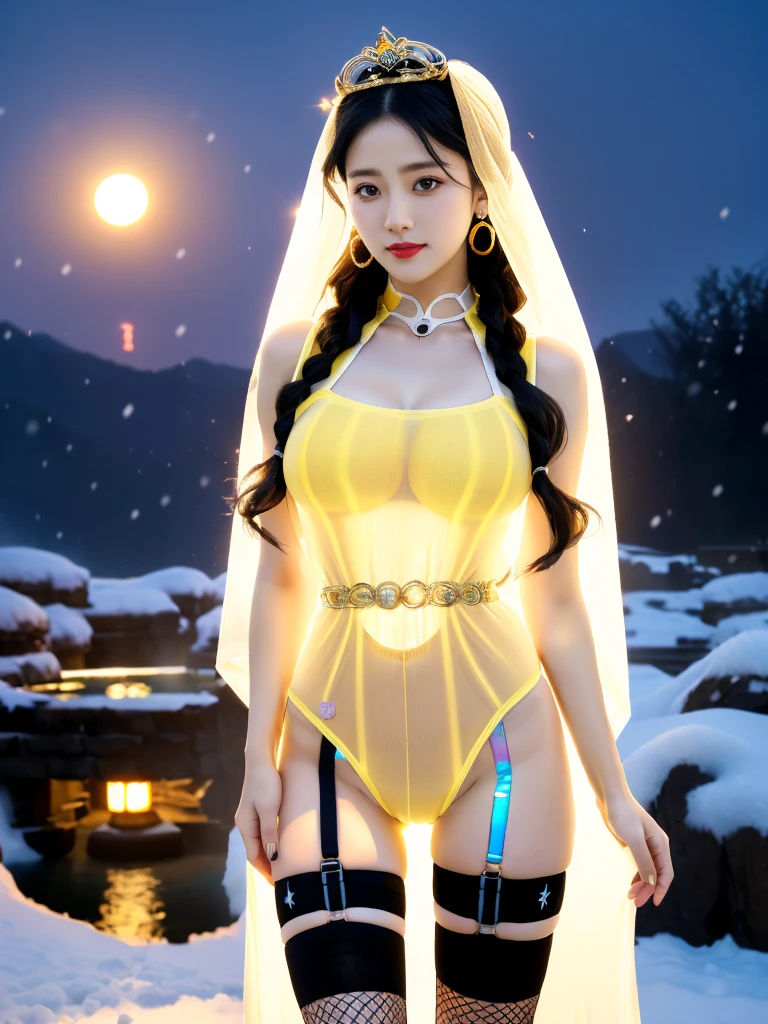 A female model, (Race:Chinese),((night, snow的竹林, moonlight, snow)), (8K Ultra HD, 8K, Ultra-high resolution, best quality, masterpiece, Surrealism, Digital SLR Camera, Soft Light, Bokeh, Masterpieces), ((((Beautiful model-like face))), (Creating the image of a real girl), warm light, Realistic shadows, Dynamic poses, Elegant Posture, Cowboy lens, Full body front view, Be confident, Body facing the camera, Standing facing the camera, Open your legs slightly, Golden Ratio Graphics, Minimalism), (Happy smile, Big watery eyes, Cherry Blossom, Balanced Eyes, Perfect beautiful face, Normal facial features, Realistic skin, Attention to skin details, Skin is clean and radiant, Whitening, Perfect body, cosmetic, earrings, bracelet, necklace, Jewelry, veil, Hair accessories, Headdress), ((beautiful hair), black hair, Wavy curly hairstyle, Waist-length hair, Messy Hairstyle, Gradient hairstyles, Cyberpunk hairstyle), ((Transparent clothes：1.5), (The color of the clothes: Lemon colored), Transparent Clothes, See-through clothes, Transparent Clothes, Tulle clothes, Mesh clothes, Transparent sci-fi clothes, Shiny micro bikini bra, (Clothes that accentuate your bust shape)), (Sexy的, Perfect breast shape, Teardrop chest shape, Snow-white breasts, very detailed breasts, 34E cup), (Super high waist, Deep V, Low-cut, Sexy, Flattering, , (Camel toe, High fork strangulation)), (sock, Knee socks, 吊garter, Leg ring, garter, 腿部garter), (style:Sexy)