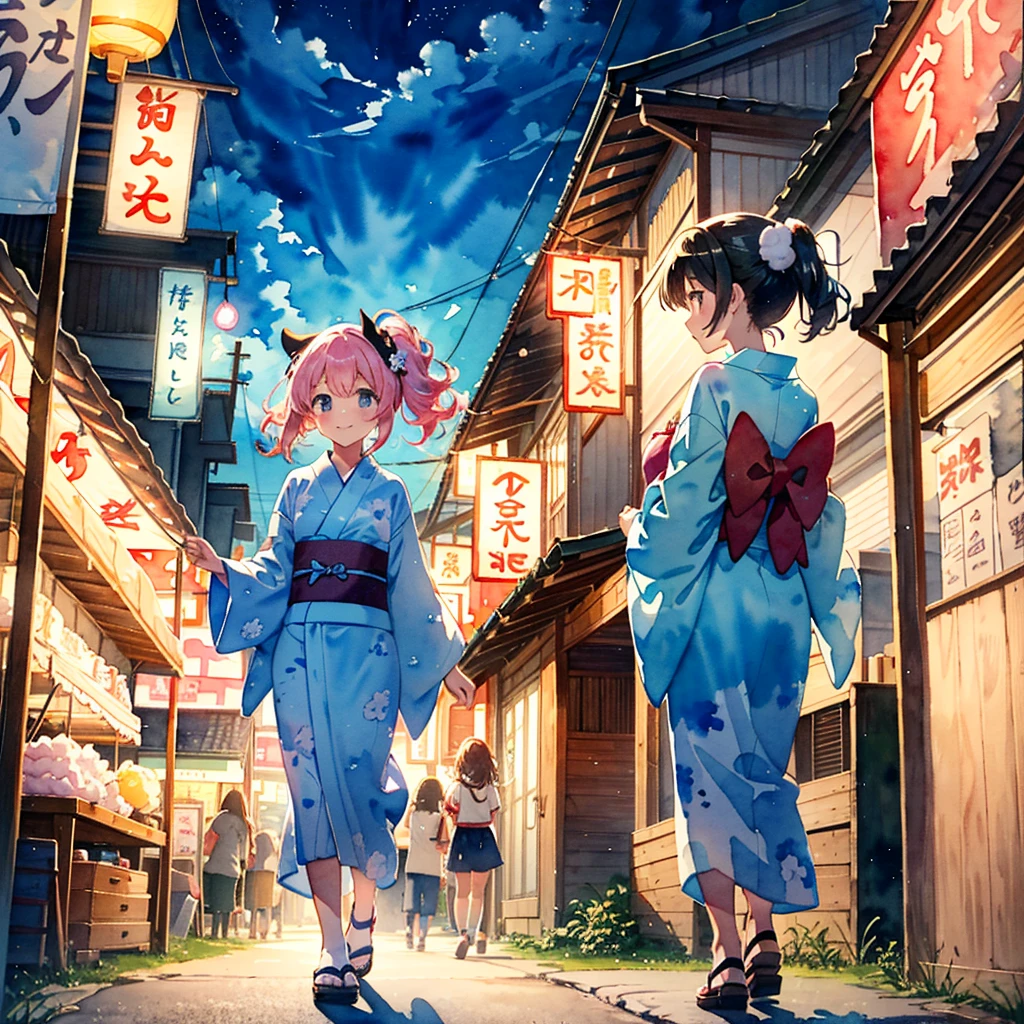(masterpiece, best quality:1.2), kawaii, (2 girls:1.4), (cute:1.2), glowing skin, (watercolor style, anime:1.5), (looking away:1.2),
BREAK
(yukata, sandals:1.1), (outdoor:1.2), full body, happy, (closed eyes:0.7)
BREAK
wearing an (omote mask:1.2), looking away, cheerful smile
BREAK
(holding a large cotton candy:1.4), windy, (dynamic angle:1.0), kanzashi
BREAK
(walking:1.1)
BREAK
described as a stall, night, japanese lantern, summer festival, fair, fireworks display, from bellow