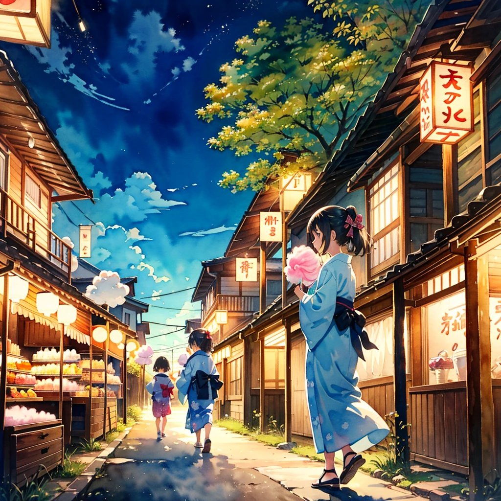 (masterpiece, best quality:1.2), kawaii, (2 girls:1.4), (cute:1.2), glowing skin, (watercolor style, anime:1.5), (looking away:1.2),
BREAK
(yukata, sandals:1.1), (outdoor:1.2), full body, happy, (closed eyes:0.7)
BREAK
wearing an (omote mask:1.2), looking away, cheerful smile
BREAK
(holding a large cotton candy:1.4), windy, (dynamic angle:1.0), kanzashi
BREAK
(walking:1.1)
BREAK
described as a stall, night, japanese lantern, summer festival, fair, fireworks display, from bellow
