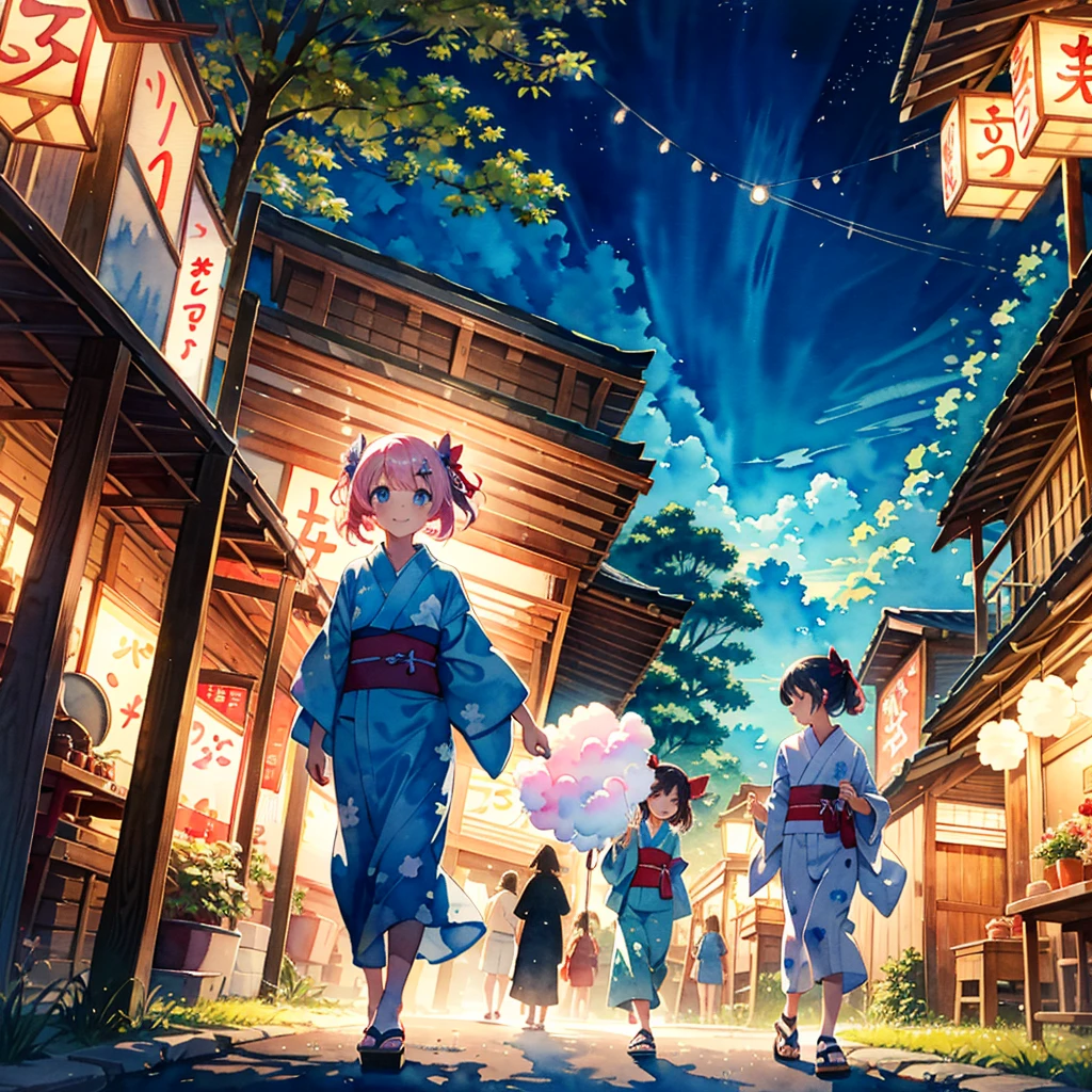 (masterpiece, best quality:1.2), kawaii, (2 girls:1.4), (cute:1.2), glowing skin, (watercolor style, anime:1.5), (looking away:1.2),
BREAK
(yukata, sandals:1.1), (outdoor:1.2), full body, happy, (closed eyes:0.7)
BREAK
wearing an (omote mask:1.2), looking away, cheerful smile
BREAK
(holding a large cotton candy:1.4), windy, (dynamic angle:1.0), kanzashi
BREAK
(walking:1.1)
BREAK
described as a stall, night, japanese lantern, summer festival, fair, fireworks display, from bellow