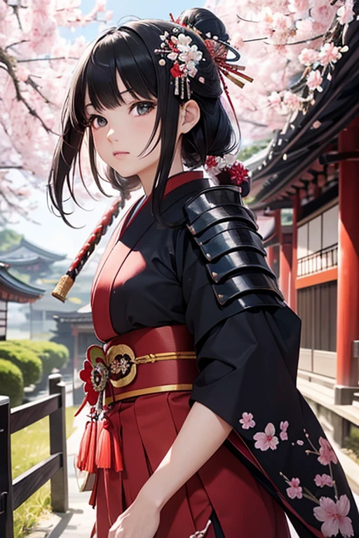 Highest quality, Ultra-high resolution, RAW Photos, Japanese style, kimono, Rin々Shii, Samurai, Blooming cherry blossoms, Feel the wind, Japanese sword, (Samurai Armor:1.1), Black Hair Girl